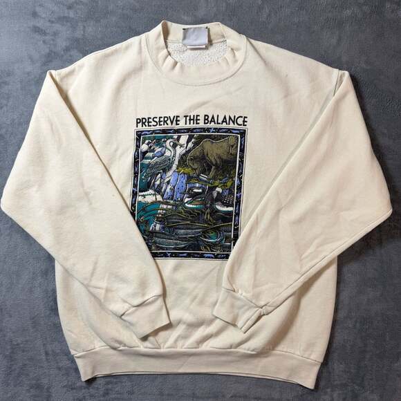 Lee Tops - VTG 1989 Ray Troll Preserve The Balance Sweatshirt Cream Crewneck L USA Lee Art